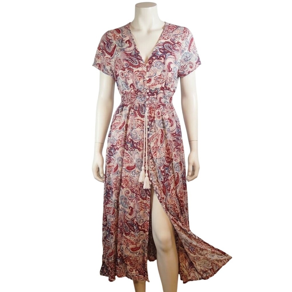 Pure Hype Paisley Maxi Dress Red Blue Boho Smocked Waist Button Front Slit M